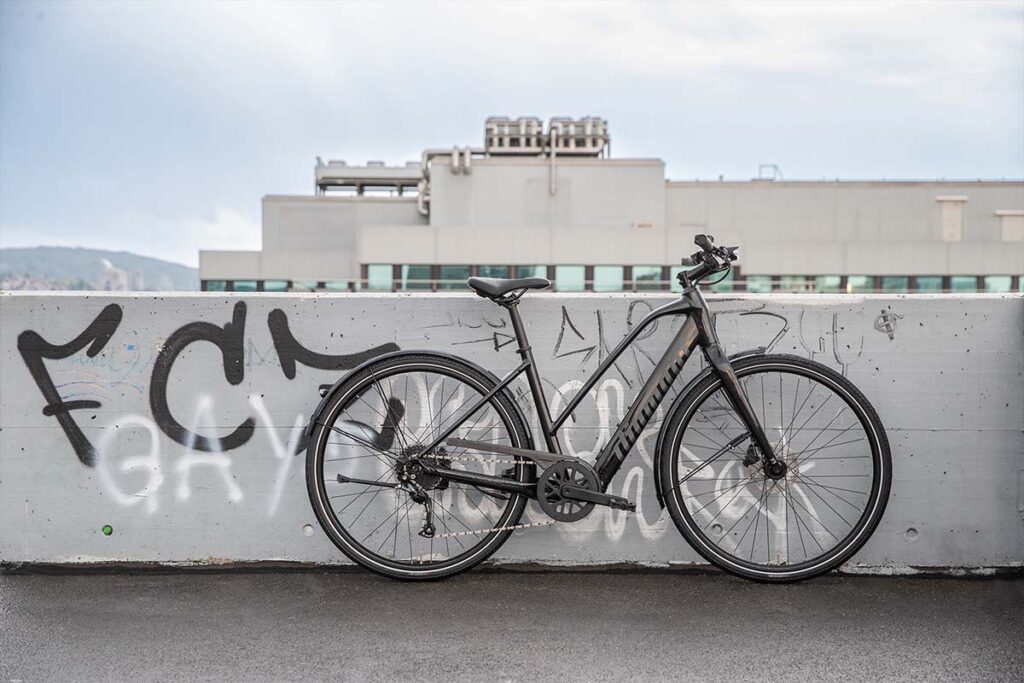Light E-Bike vor grauer Mauer mit Grafiti