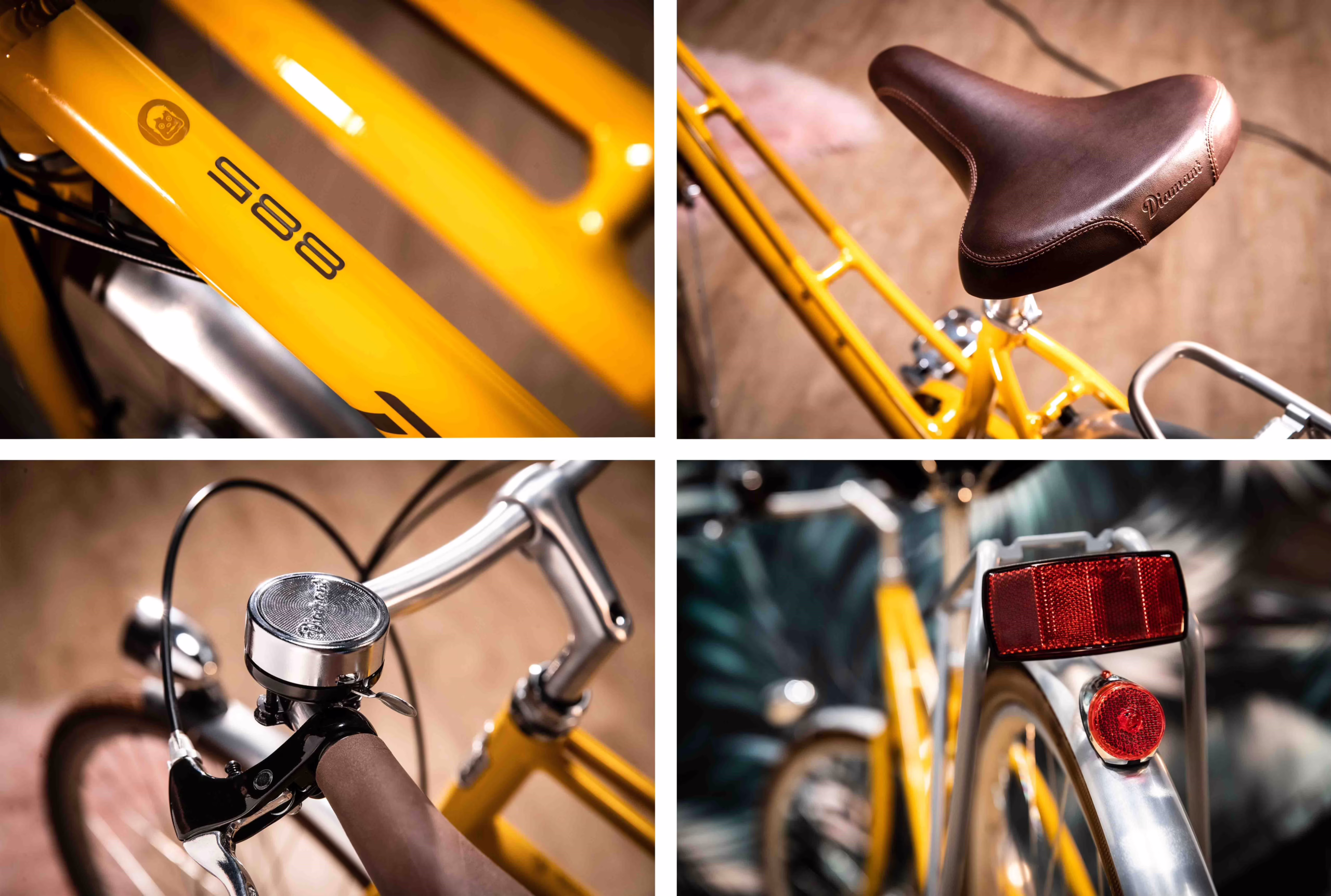 Vier verschiedene Detailbilder von einem gelben Diamant Fahrrad