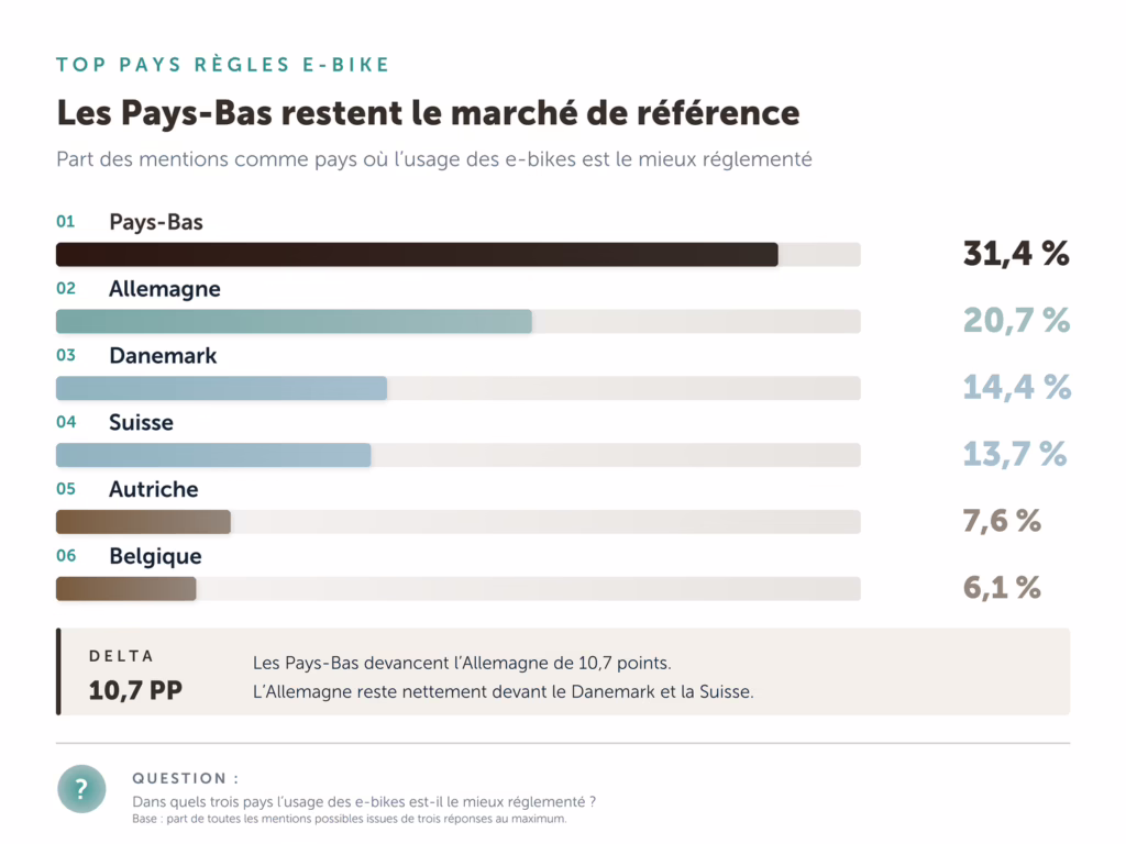 Aperçu graphique des pays considérés comme les mieux organisés en matière de vélos électriques.
